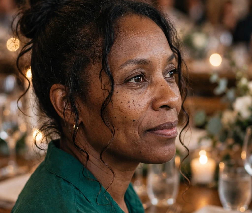 Woman with long thin silver hair in a loose side ponytail with gentle curls