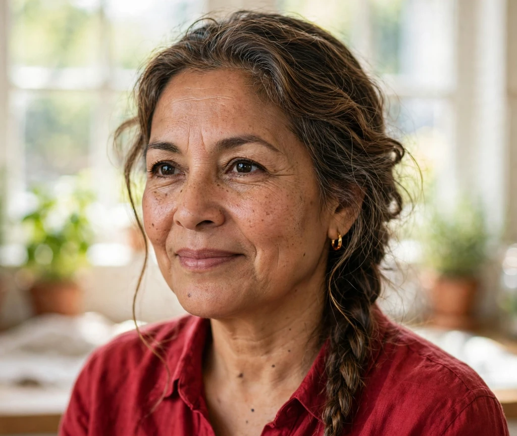 Woman with long thin hair in two loose space buns with face-framing tendrils