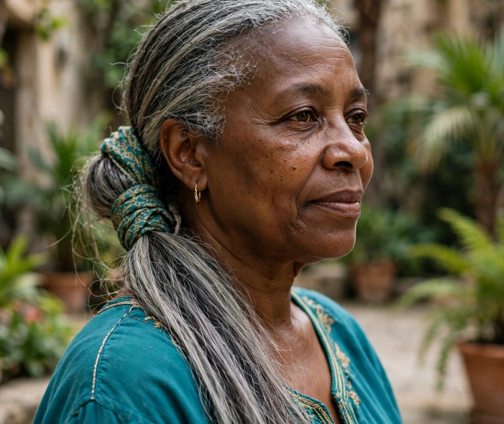 Woman with long thin chestnut hair in a half-up twist secured with a decorative clip
