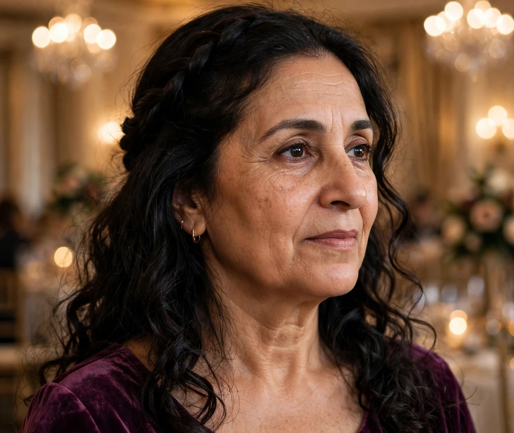 Woman with long thin salt-and-pepper hair in a regal low ponytail with a fabric wrap
