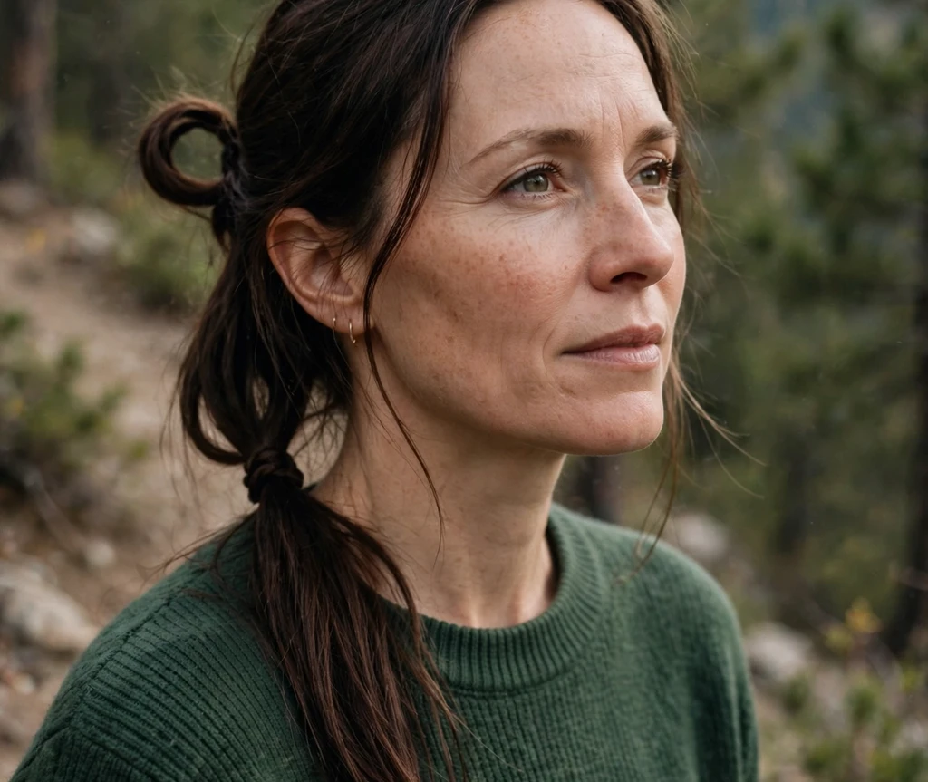 Woman with long thin caramel-highlighted hair in a voluminous messy ponytail with teased roots