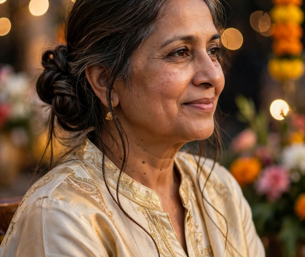 Woman with long thin dark brown hair in a simple looped ponytail with a knotted detail