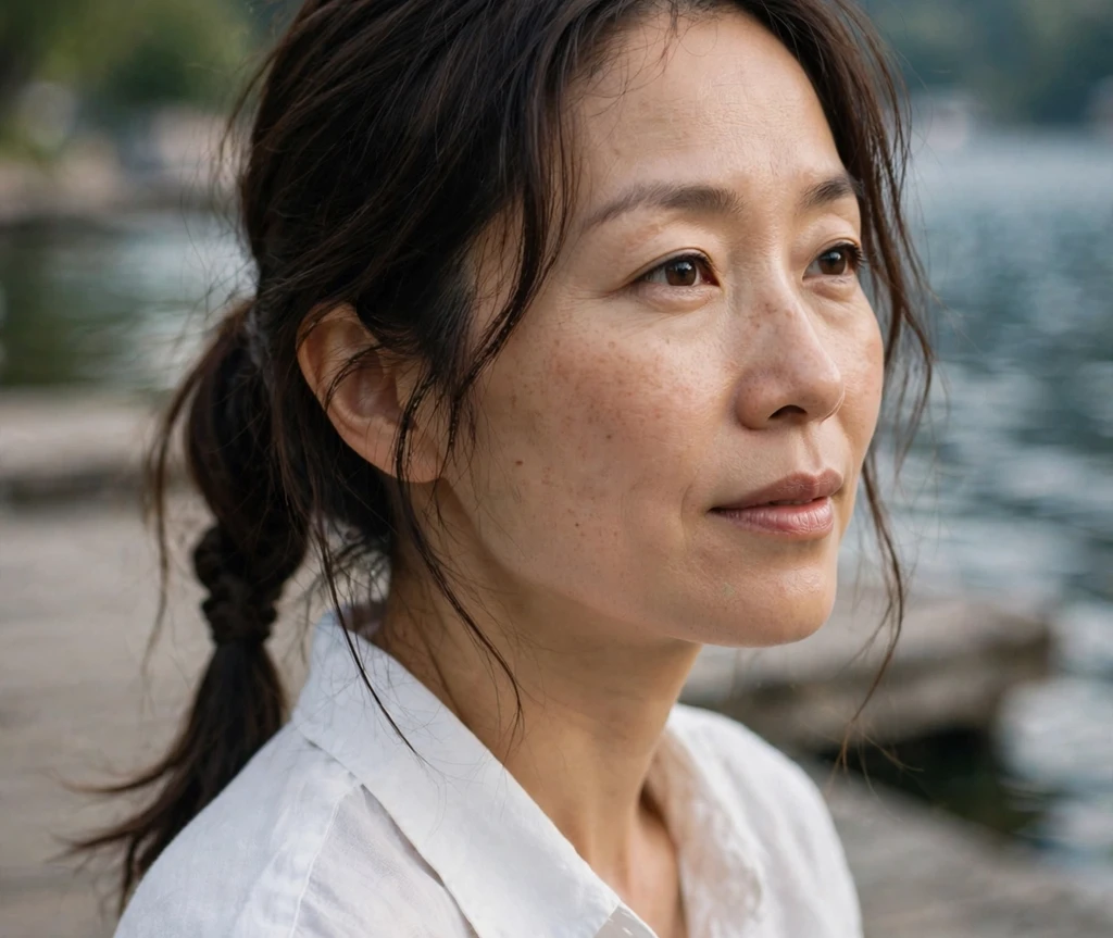 Woman with long thin hair in a graceful wrapped ponytail with a velvet scrunchie