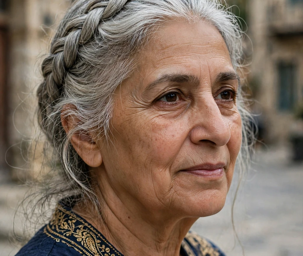Woman with long thin hair in a simple rope-twist ponytail with wispy layers