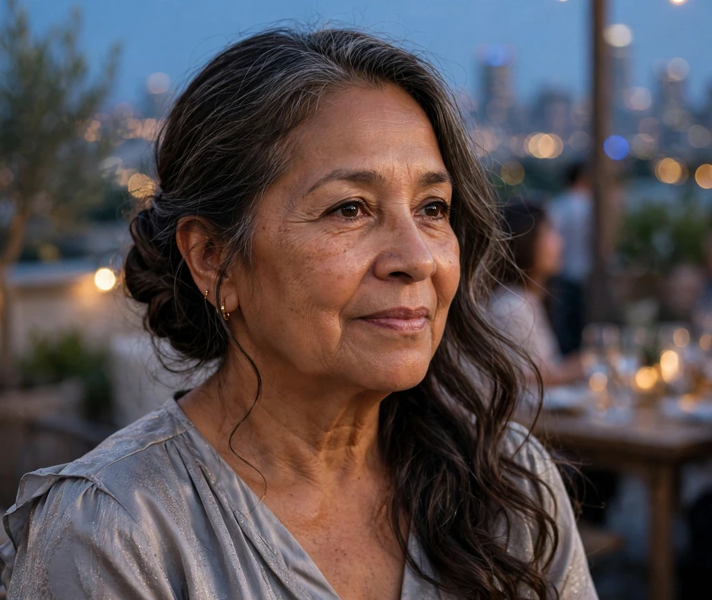 Woman with long thin silver hair in a soft braided crown with gentle volume