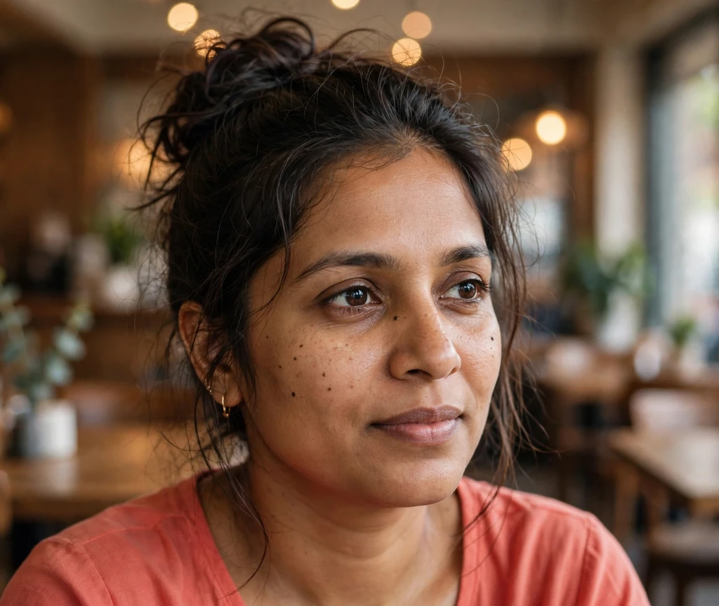 South Asian woman with a loose messy bun updo and face-framing strands in a cafe