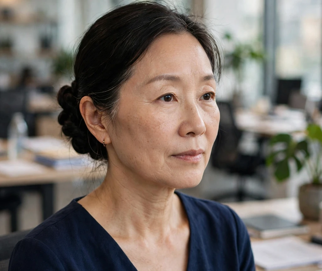East Asian woman with a neat twisted low bun updo in an office