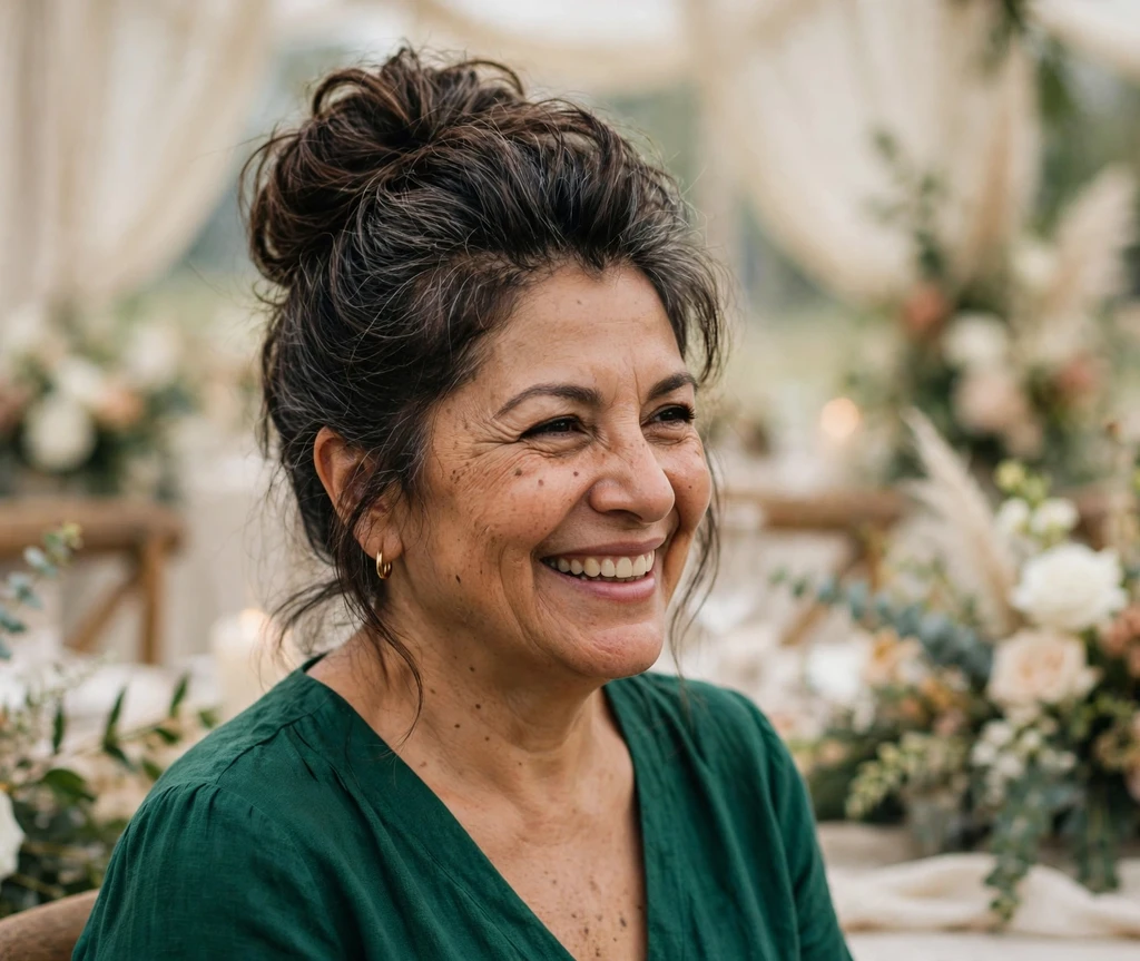 Latina woman with a volume-boosted top knot updo at a wedding venue