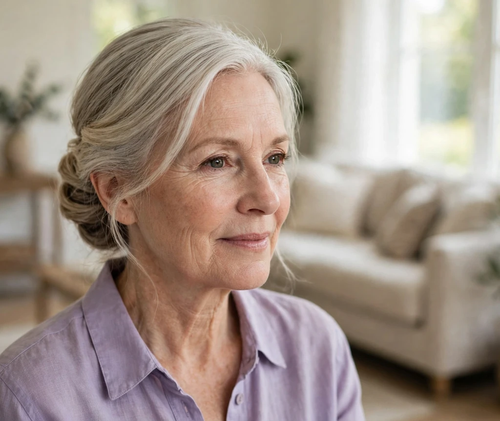 Older white woman with an elegant side-swept low chignon updo at home