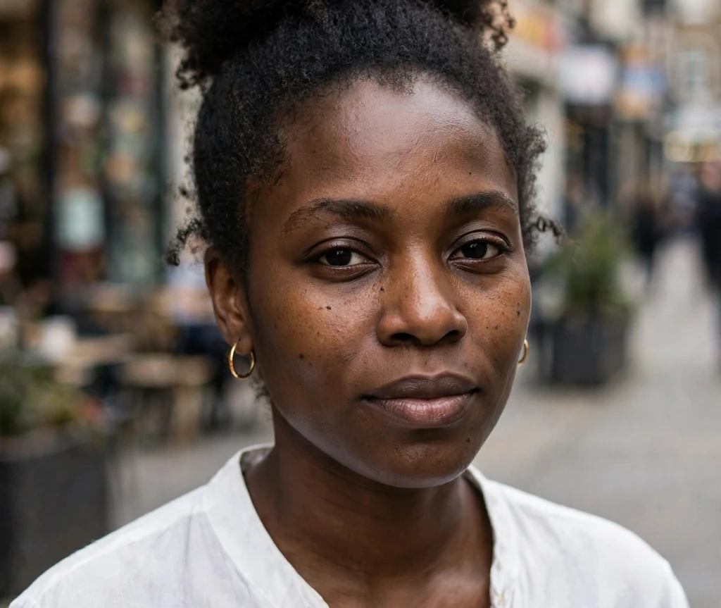 Black woman with a high natural puff bun updo on a city street