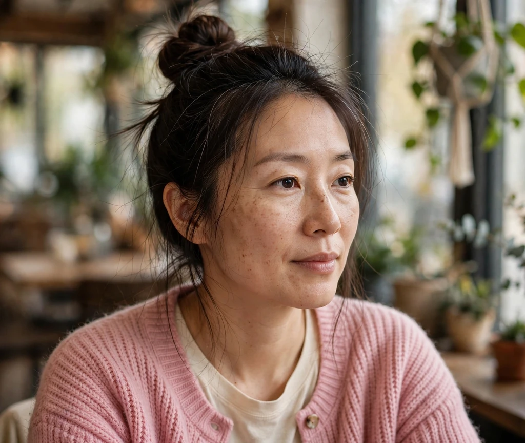 East Asian woman with a half-up mini top knot updo in a cafe