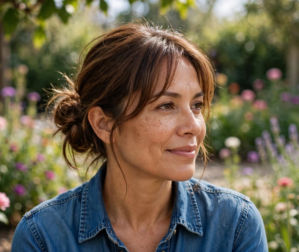 Latina woman with a messy low bun and curtain bangs updo in a garden