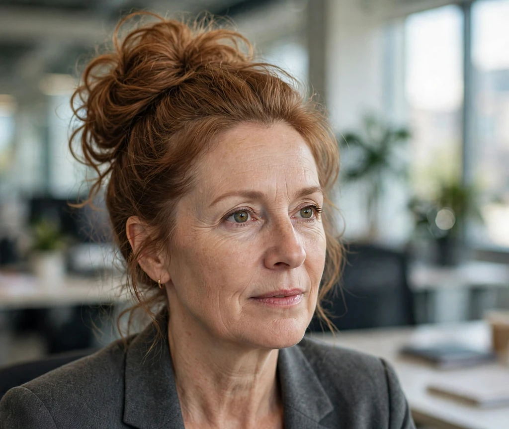 White woman with a full voluminous sock bun updo in an office