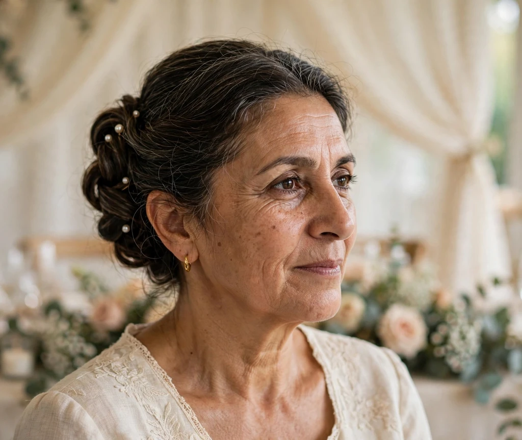 Middle Eastern woman with a twisted chignon updo decorated with pearl pins at a wedding
