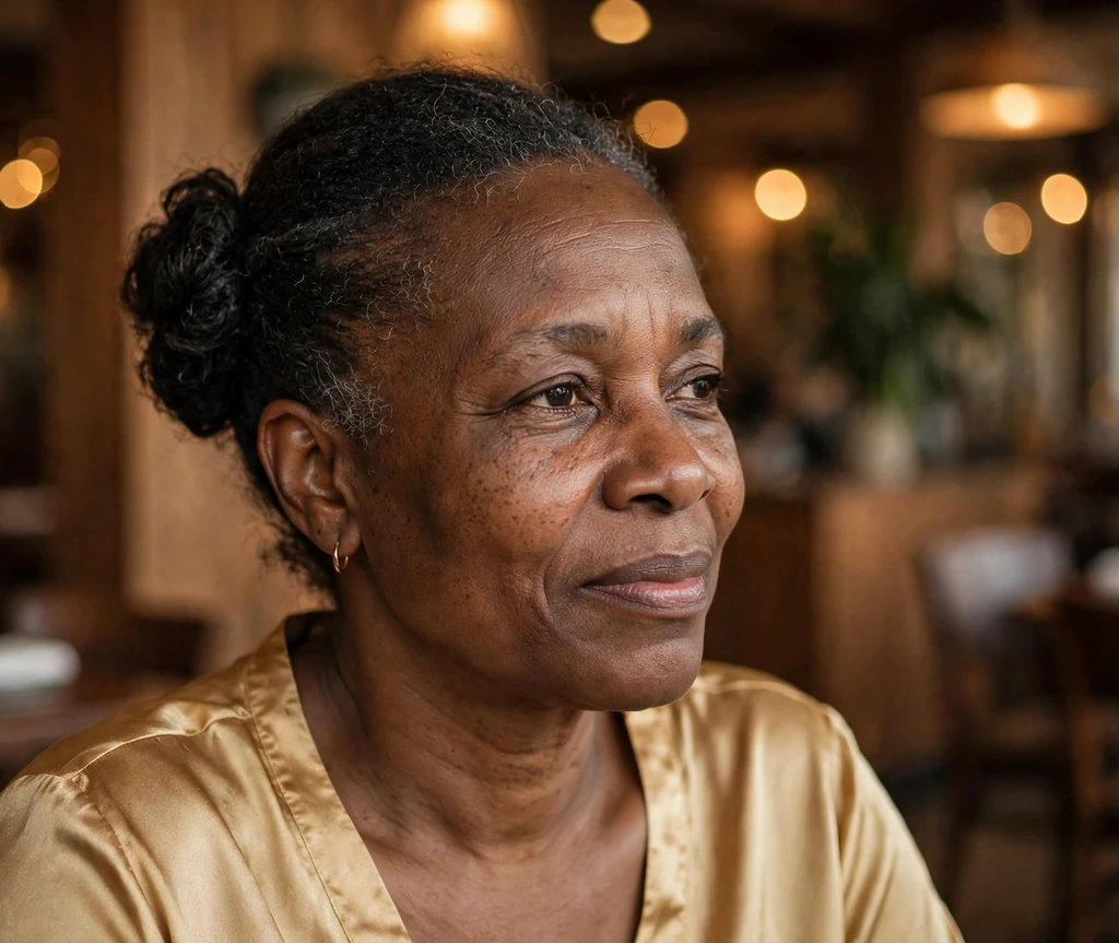 Black woman with an elegant side bun updo on tapered natural hair at a restaurant