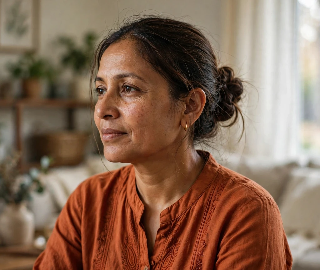 South Asian woman with a knotted low bun updo at home