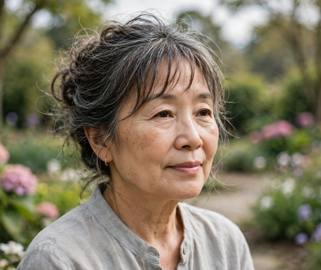 Older East Asian woman with a wispy soft updo and delicate bangs in a garden