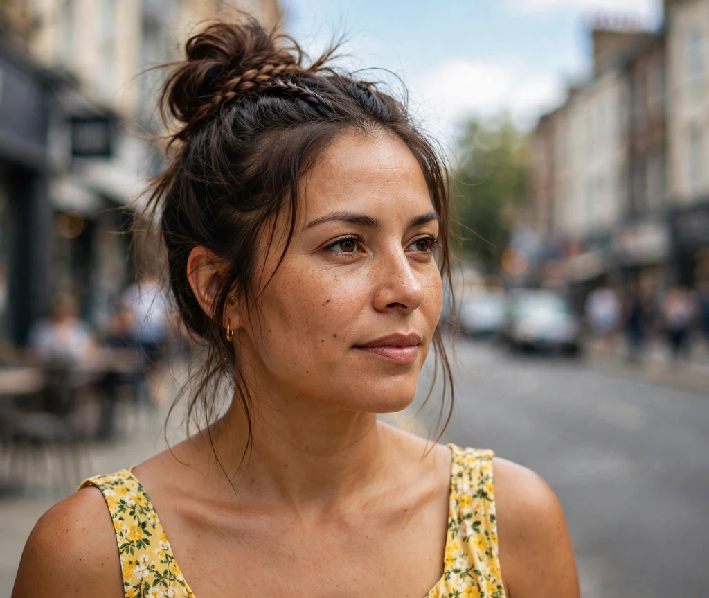 Latina woman with a messy top knot wrapped with a thin braid on a city street