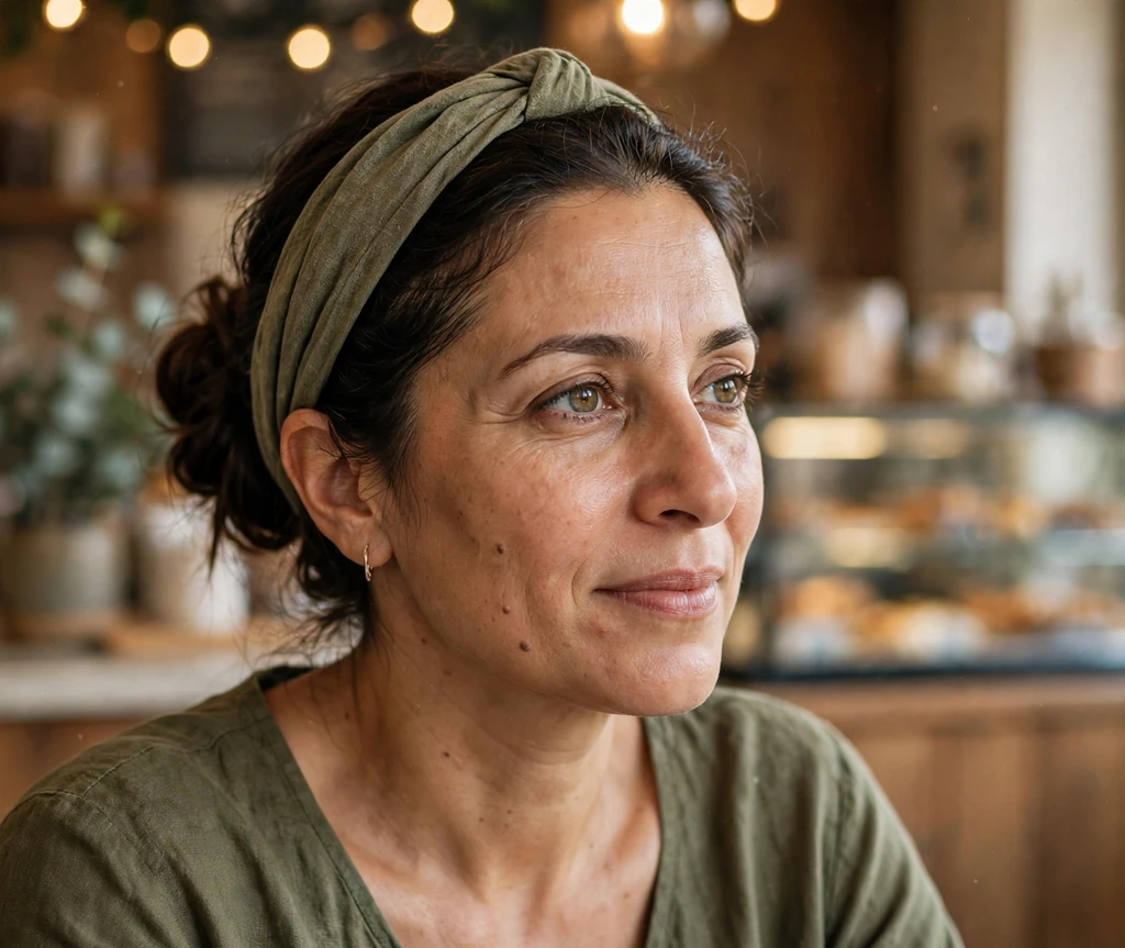 Middle Eastern woman with a low twisted bun and fabric headband updo in a cafe