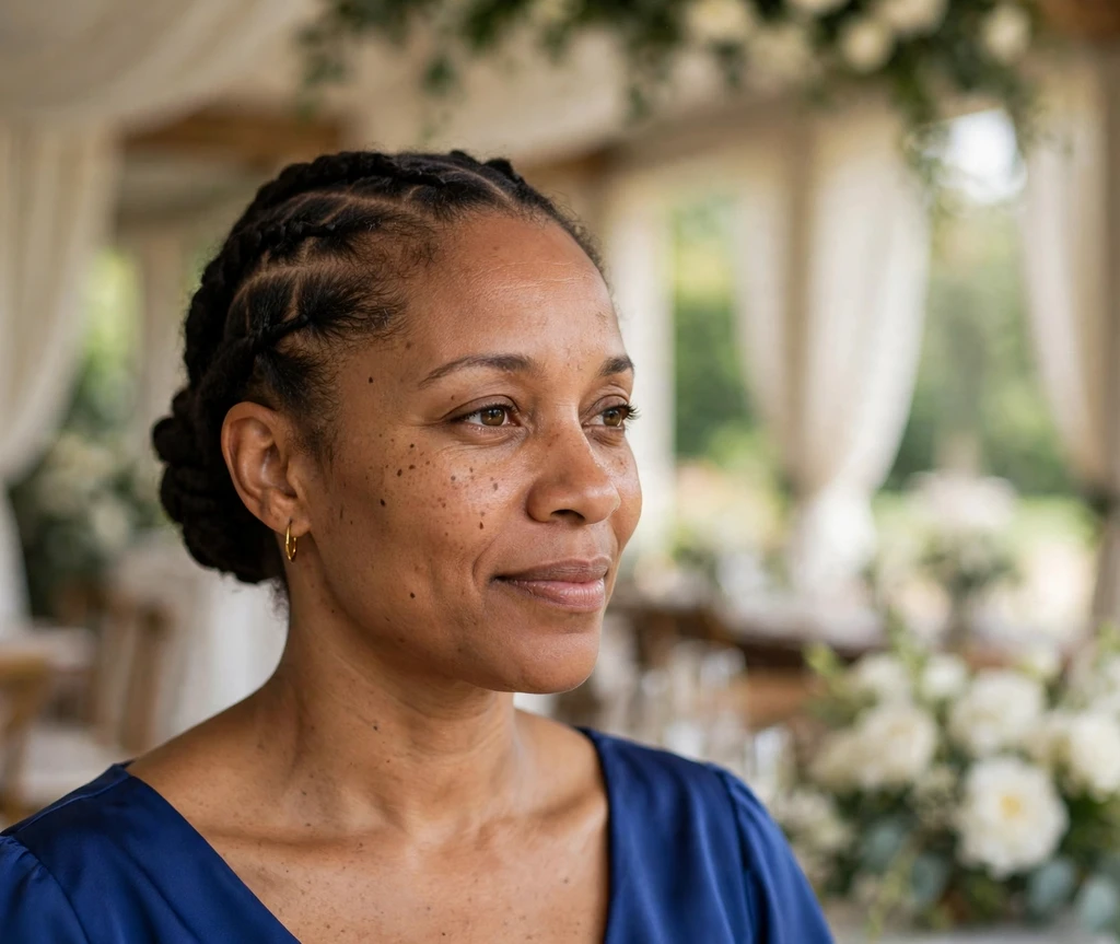 Black woman with a flat-twist updo gathered at the nape at a wedding venue