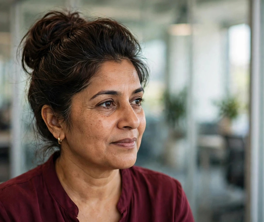 South Asian woman with a high chignon updo with backcombed volume in an office