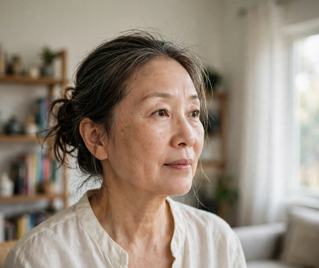 East Asian woman with a relaxed side bun updo at home