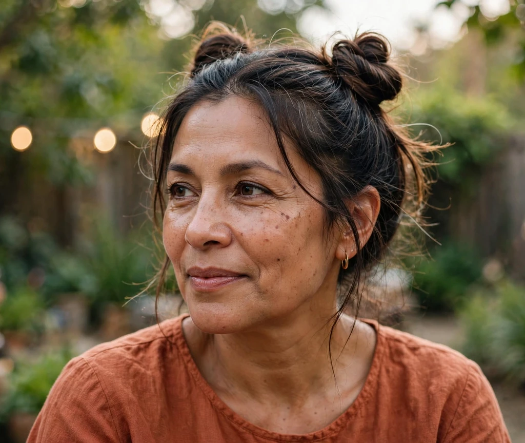 Latina woman with double twisted space bun updos at a garden party