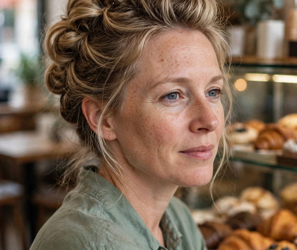 White woman with a pinned bubble updo adding thickness to thin hair in a cafe