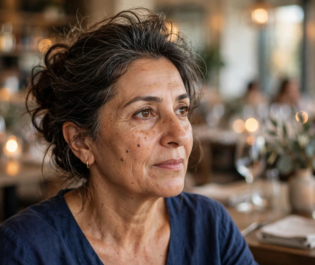 Middle Eastern woman with a tousled chignon updo with lifted crown volume at a restaurant