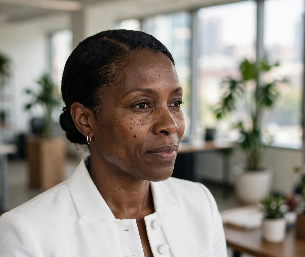 Black woman with a sleek side-part low bun updo in an office