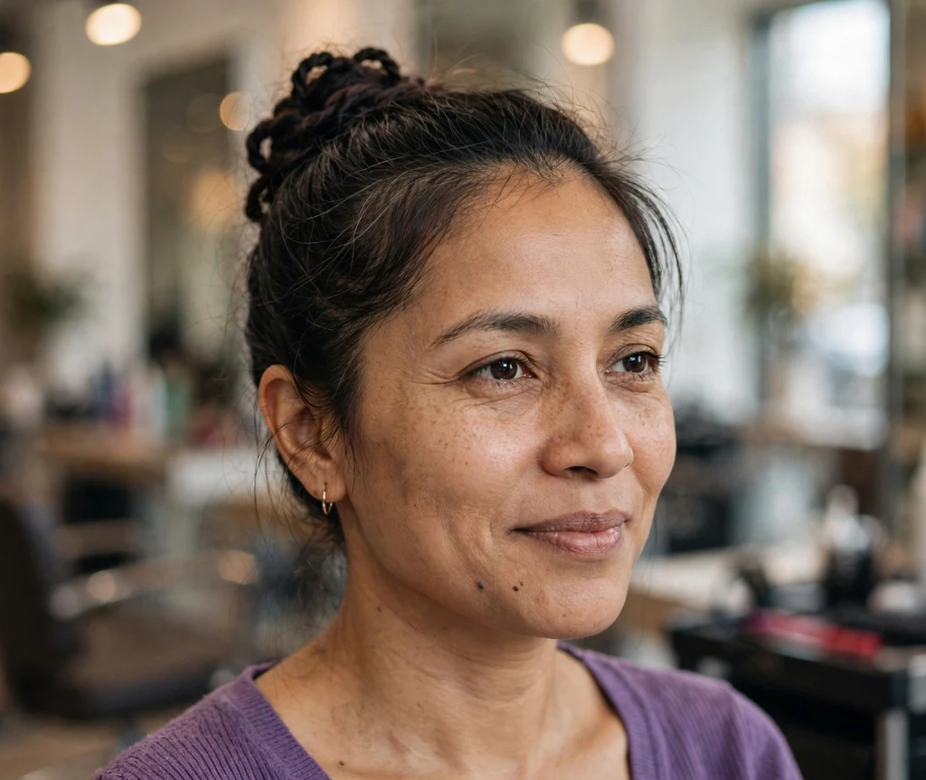 South Asian woman with a rope-twist low bun updo in a salon