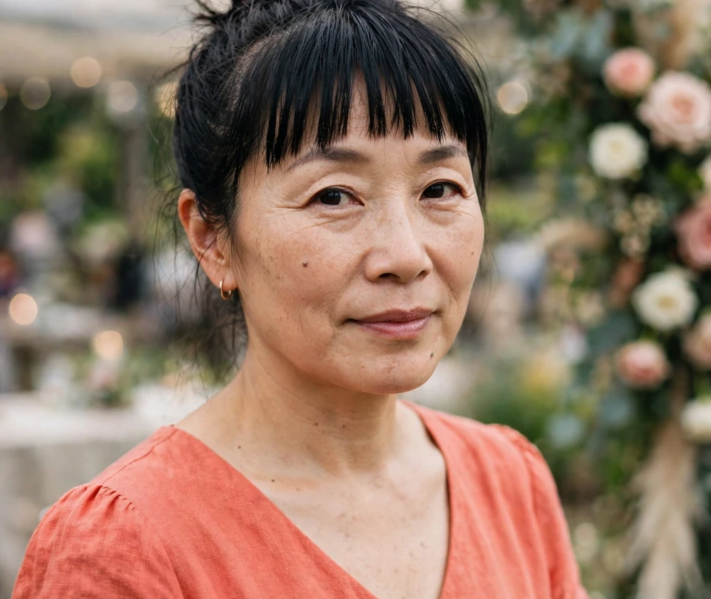 East Asian woman with a high top knot updo and straight bangs at a wedding venue
