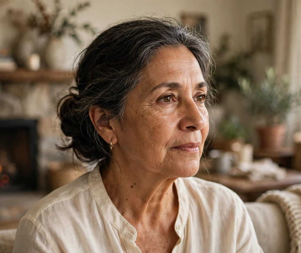 Older Latina woman with a soft low chignon updo showing natural gray streaks at home