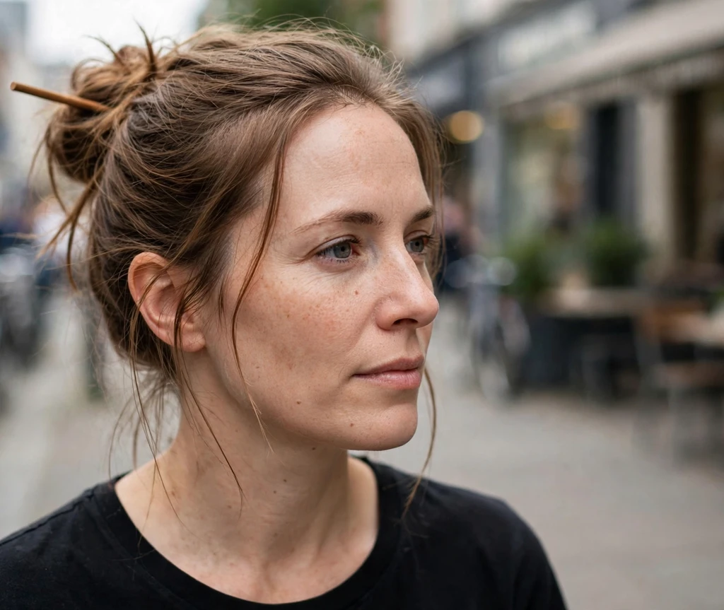 White woman with a messy bun updo secured with a wooden hair stick on a city street