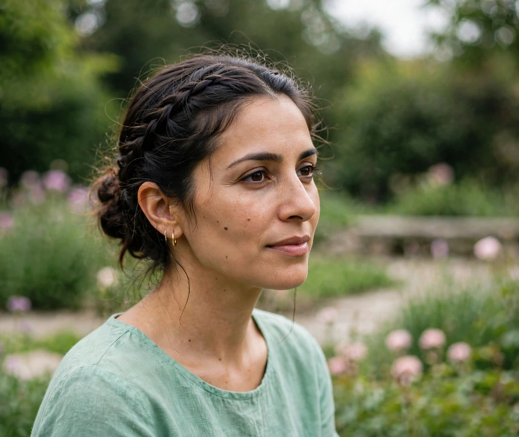 Middle Eastern woman with a Dutch braid swept into a low bun updo in a garden