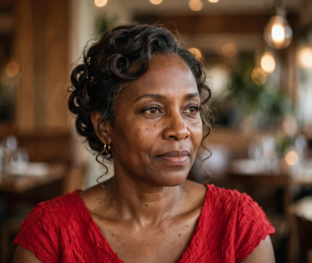 Black woman with an elegant pinned curls updo for thin hair at a restaurant