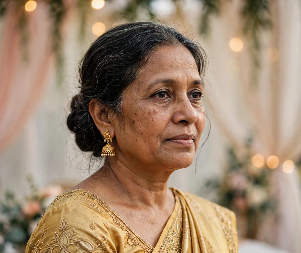 South Asian woman with a festive low bun updo and traditional earrings at a wedding