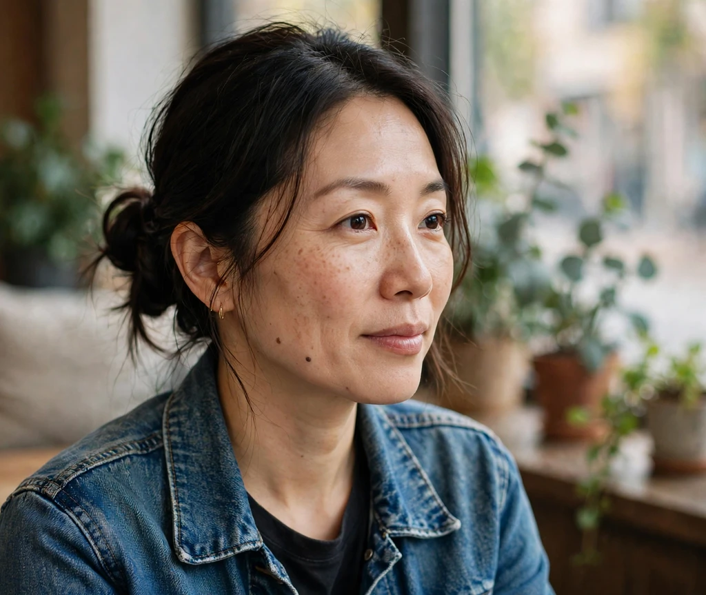 East Asian woman with a twisted ponytail wrapped into a chic updo in a cafe
