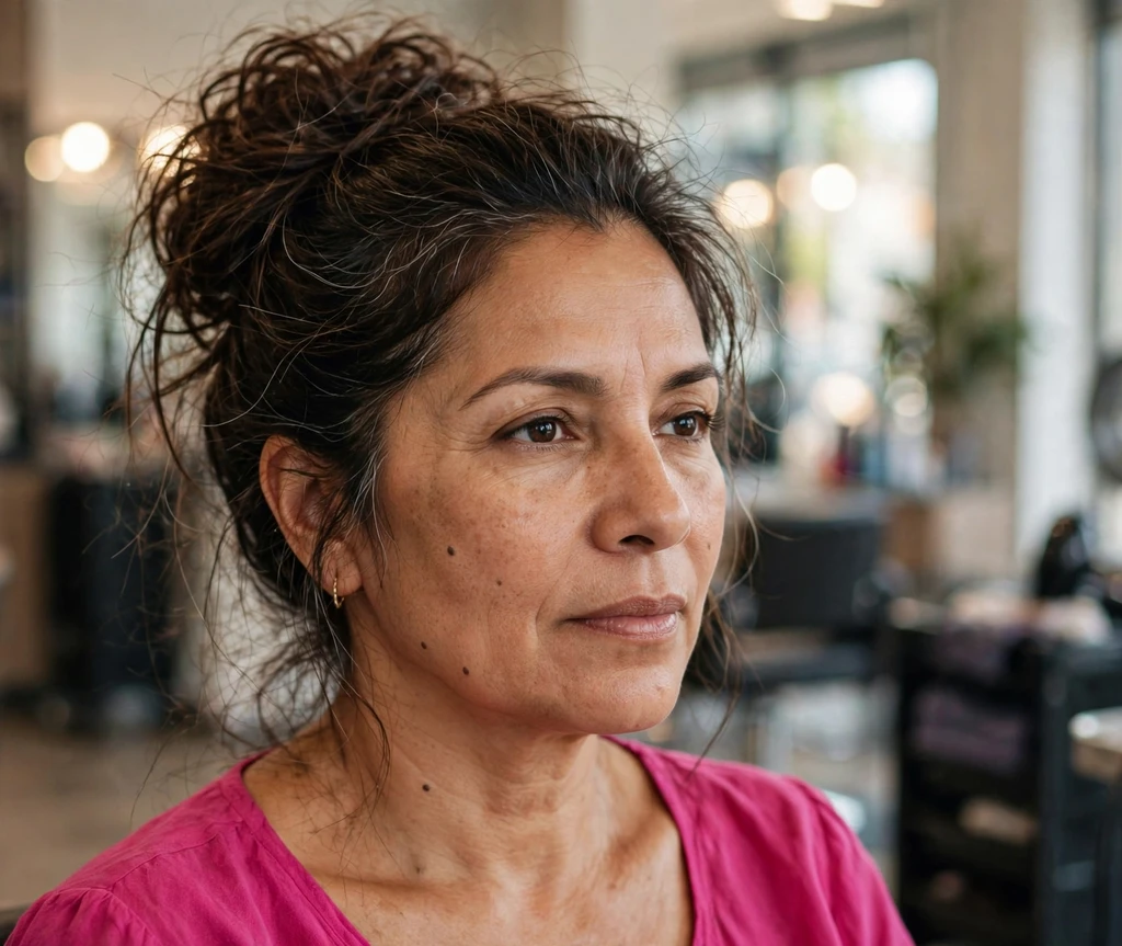 Latina woman with a voluminous tousled messy bun updo in a salon