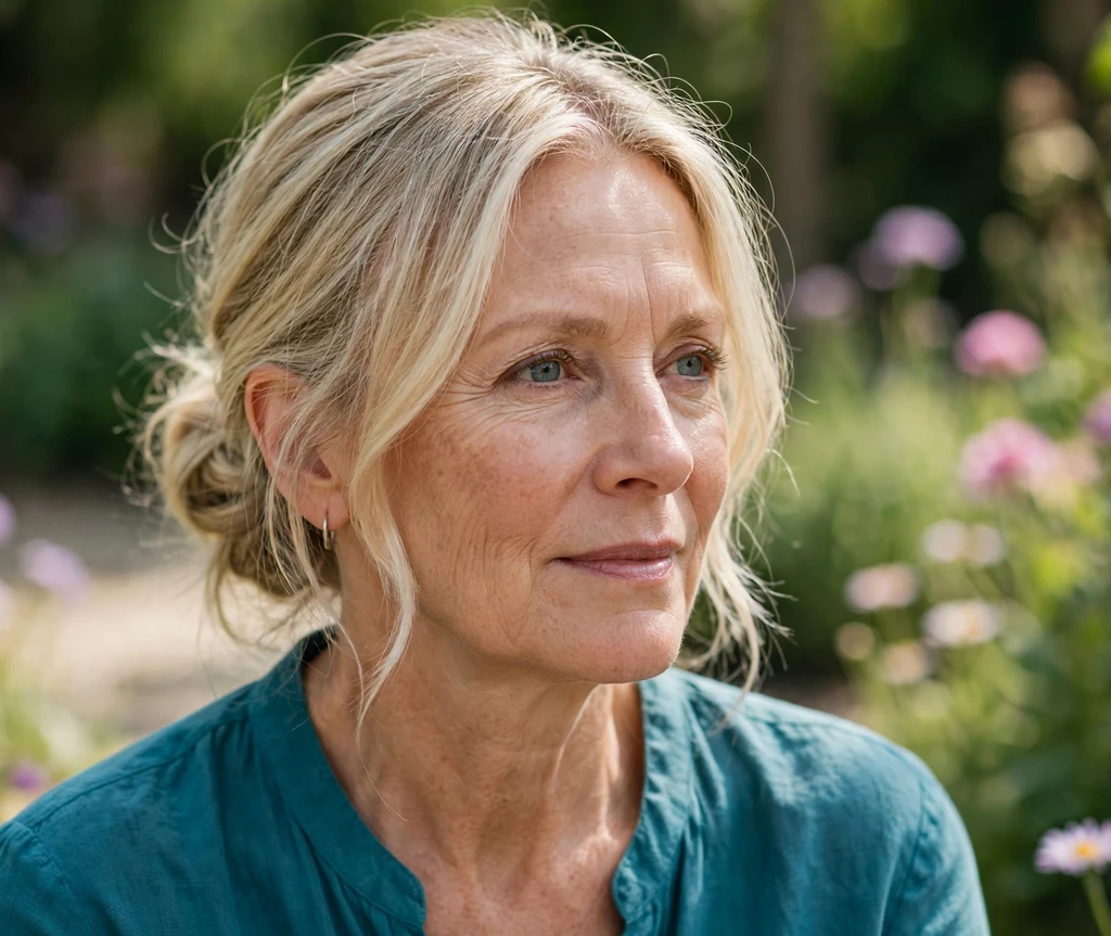 Older white woman with a low knot updo and soft face-framing layers in a garden