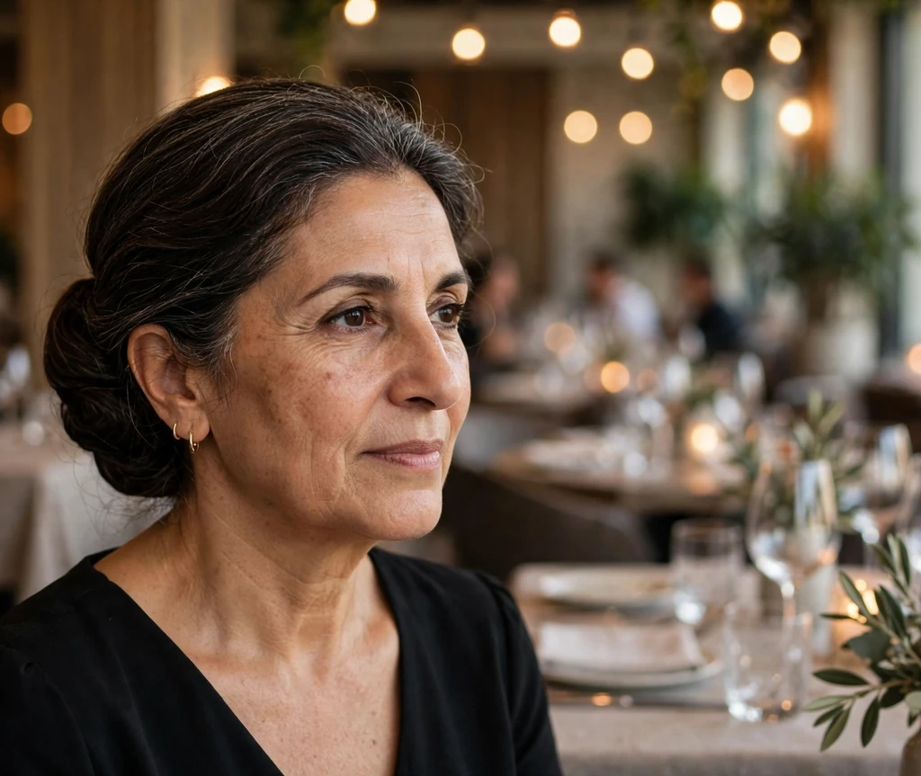 Middle Eastern woman with a polished classic chignon updo at a restaurant