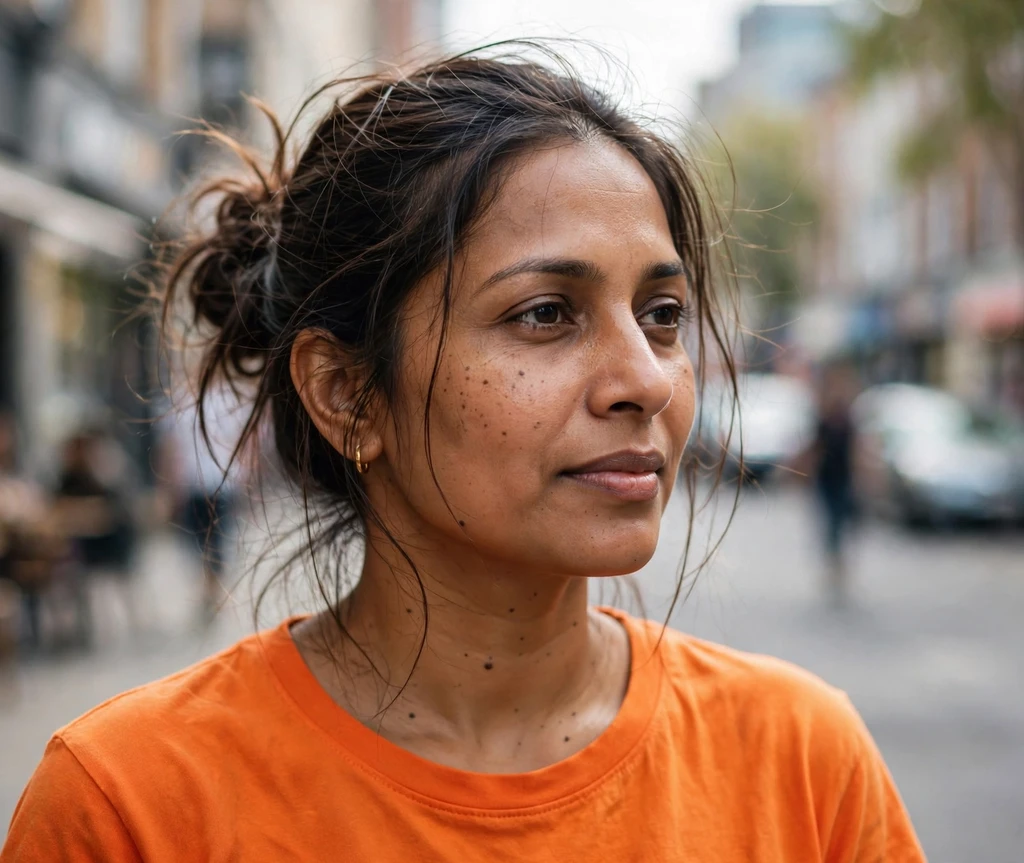 South Asian woman with a relaxed side-swept messy bun updo on a city street