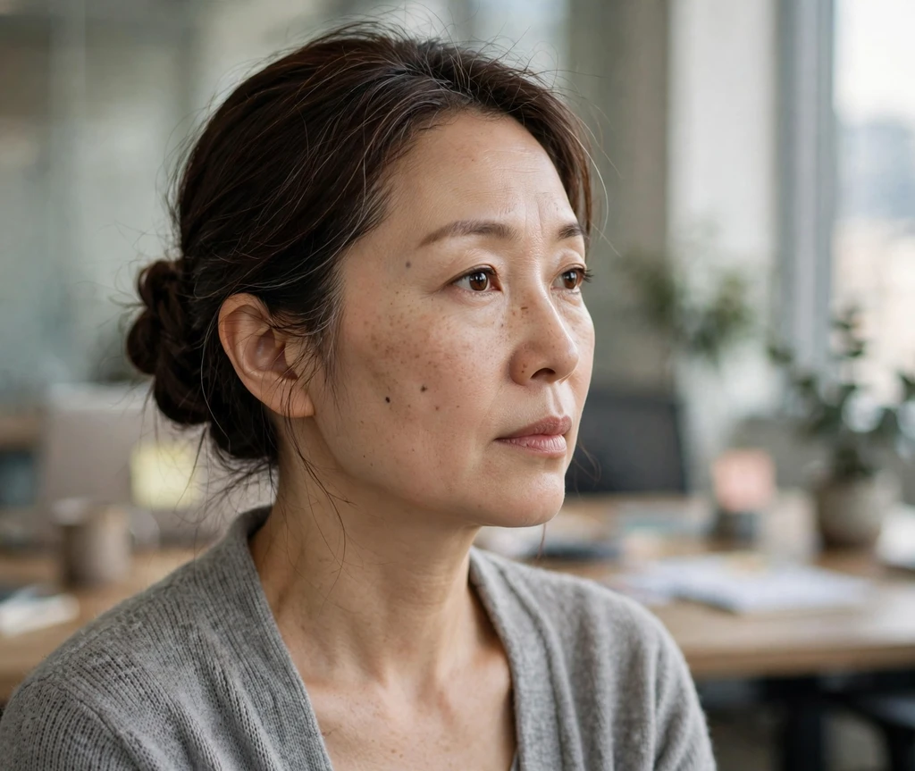 East Asian woman with a low twisted knot updo in an office