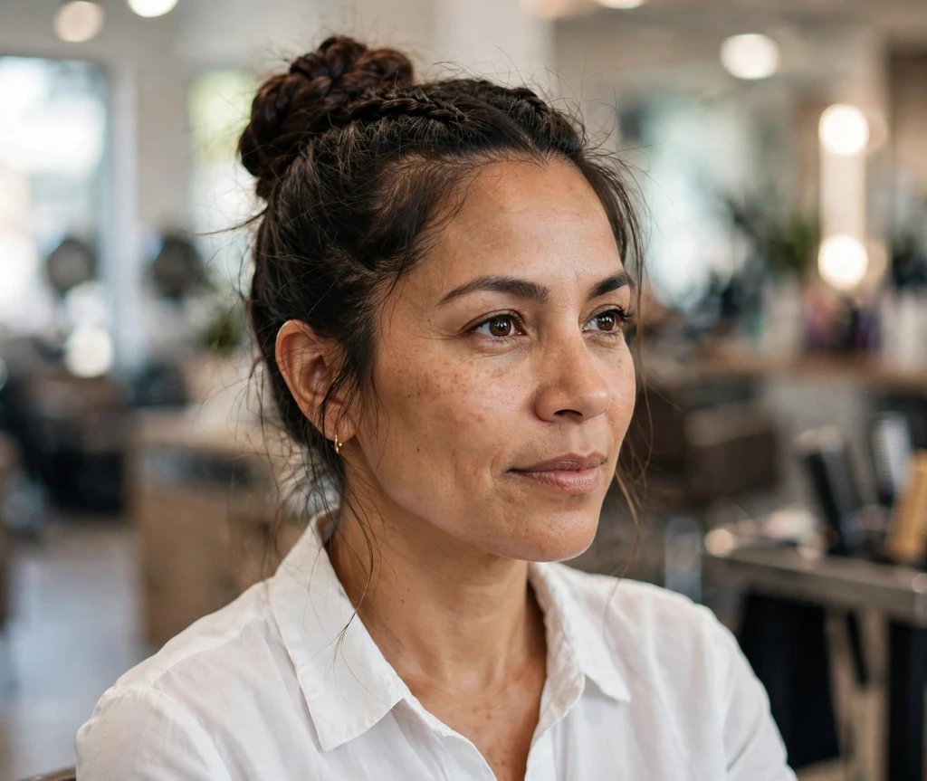 Latina woman with a braided top knot updo in a salon