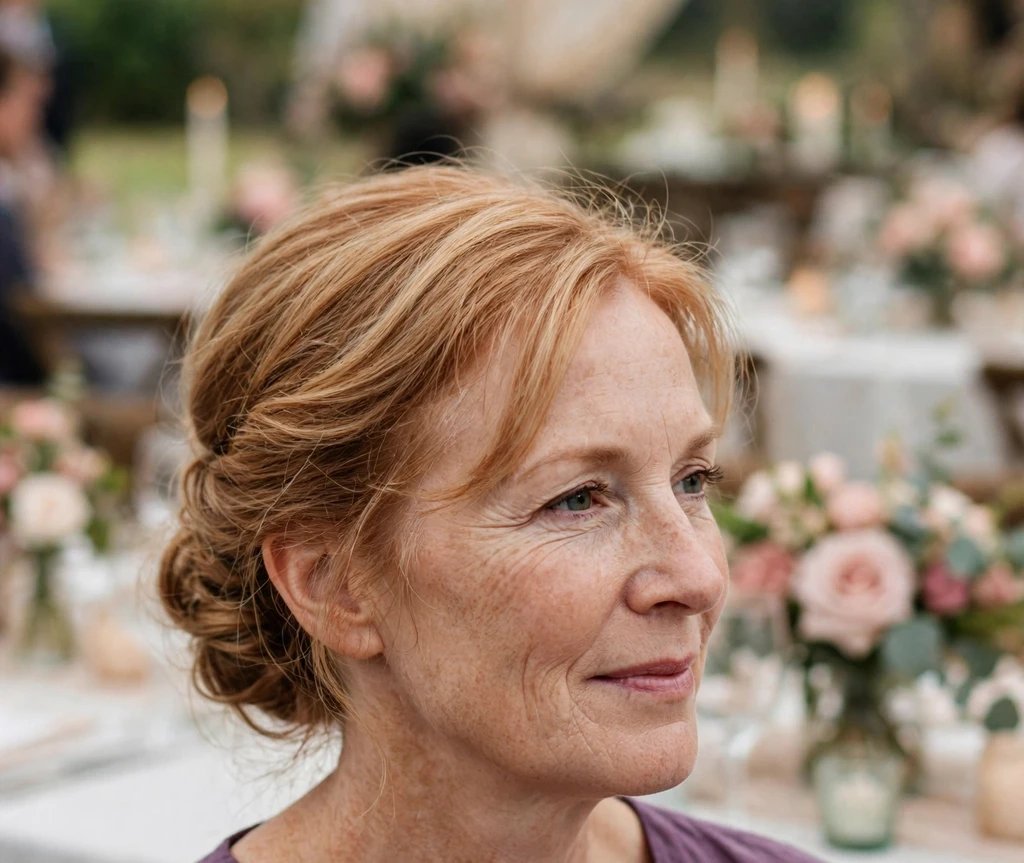 White woman with a softly rolled chignon updo at a wedding venue
