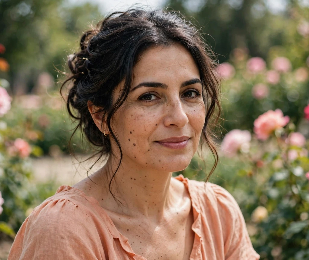 Middle Eastern woman with a romantic loose updo and soft face-framing tendrils in a garden
