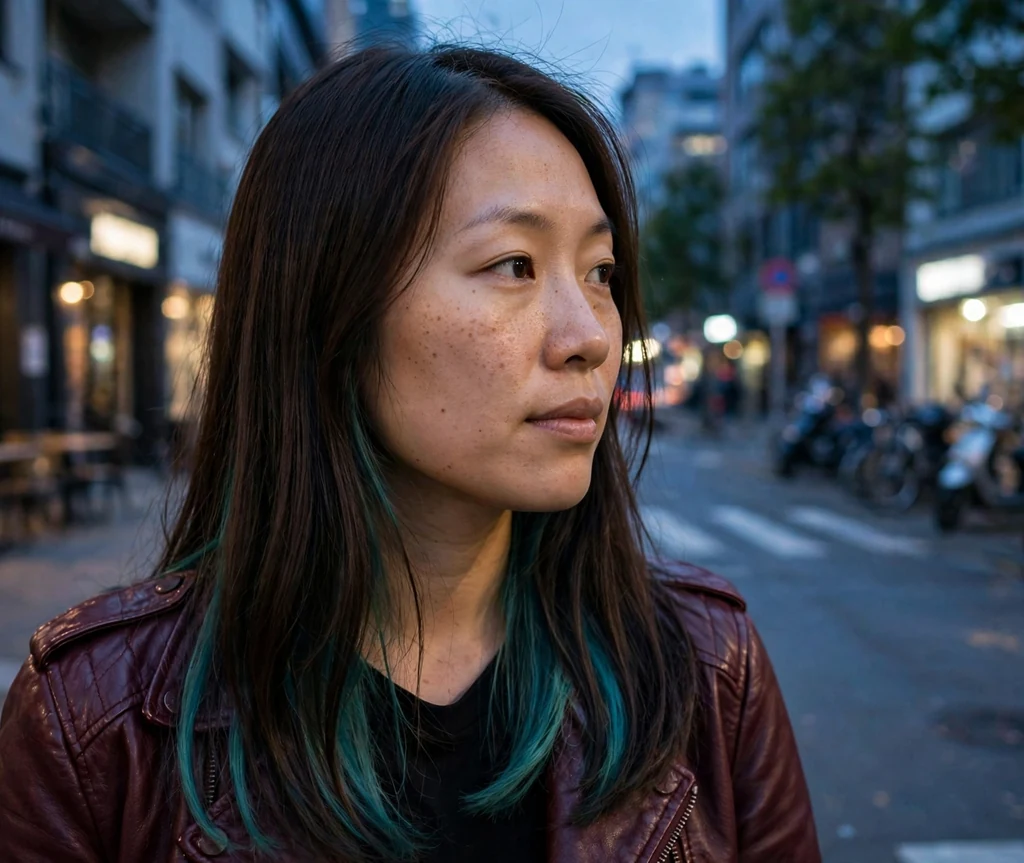 Brunette woman with teal peekaboo hair color panels wearing a leather jacket