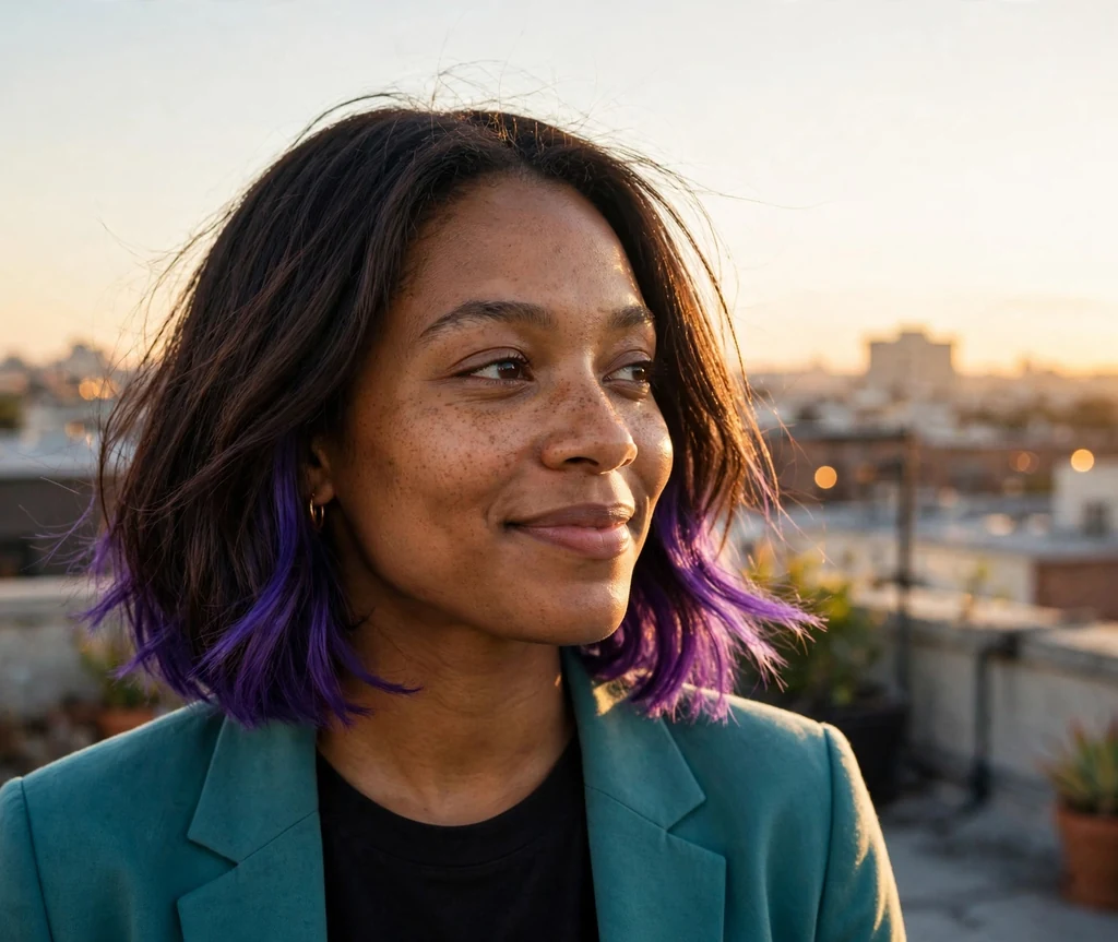 Brunette woman with a sleek bob featuring violet underlights