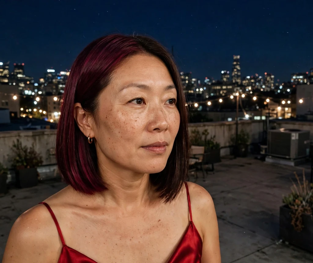 Brunette woman with a split-dye lob, one side burgundy and one side dark brown