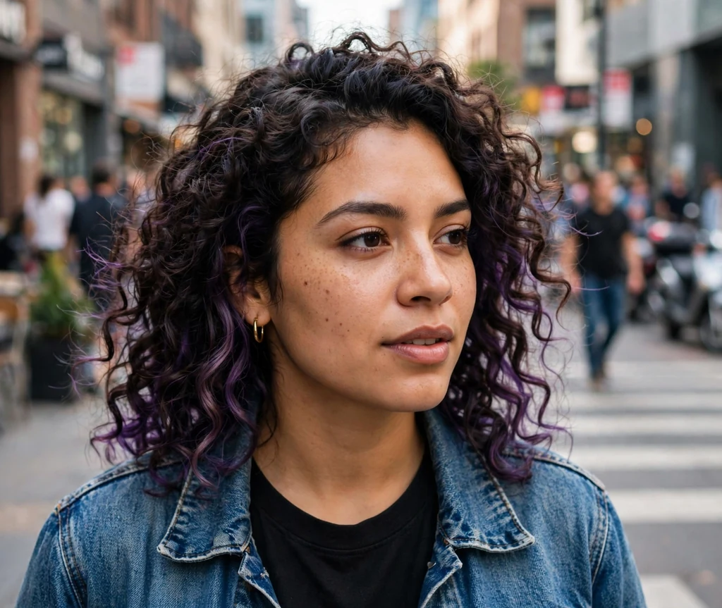 Brunette woman with curly hair featuring violet peekaboo highlights